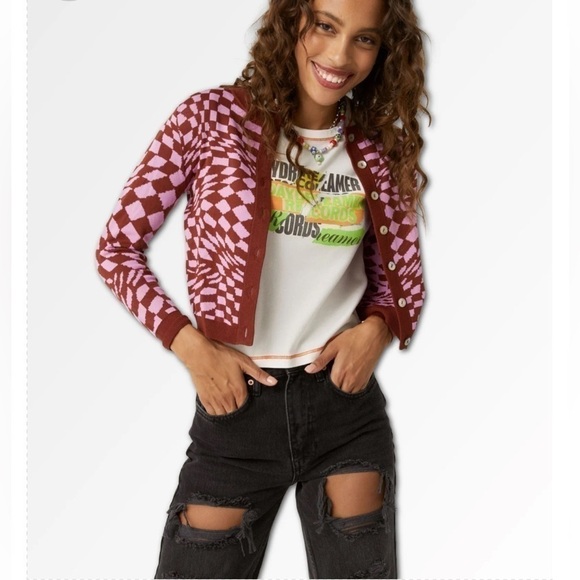 Daydreamer Magenta Wave Abstract Checkered Button Front Cardigan Sweater NWT - Picture 5 of 16